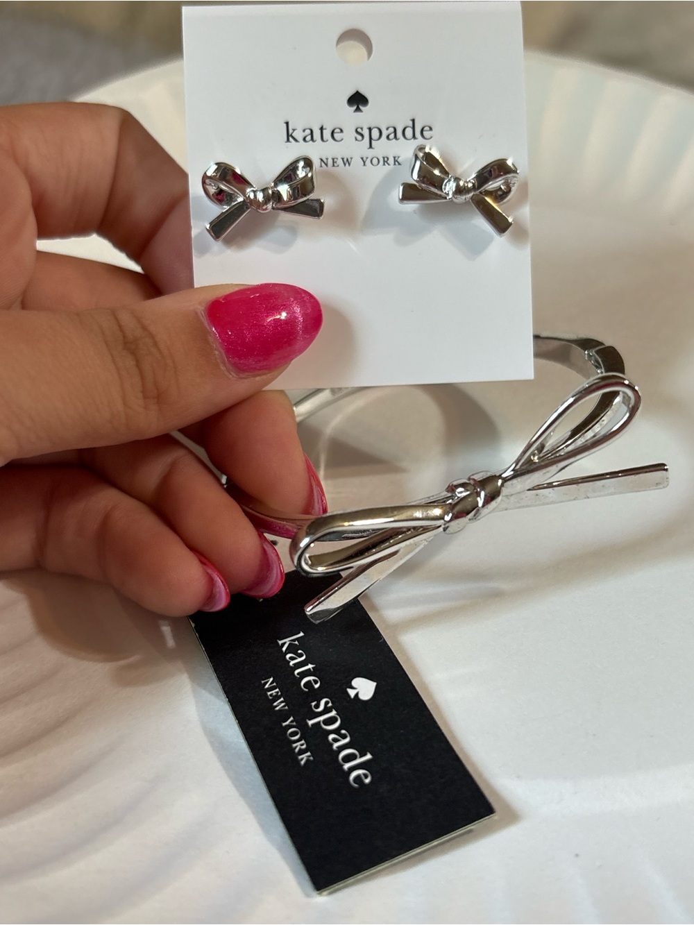 Kate Spade Silver Bow Stud Earrings & Bangle Bracelet Set NWT